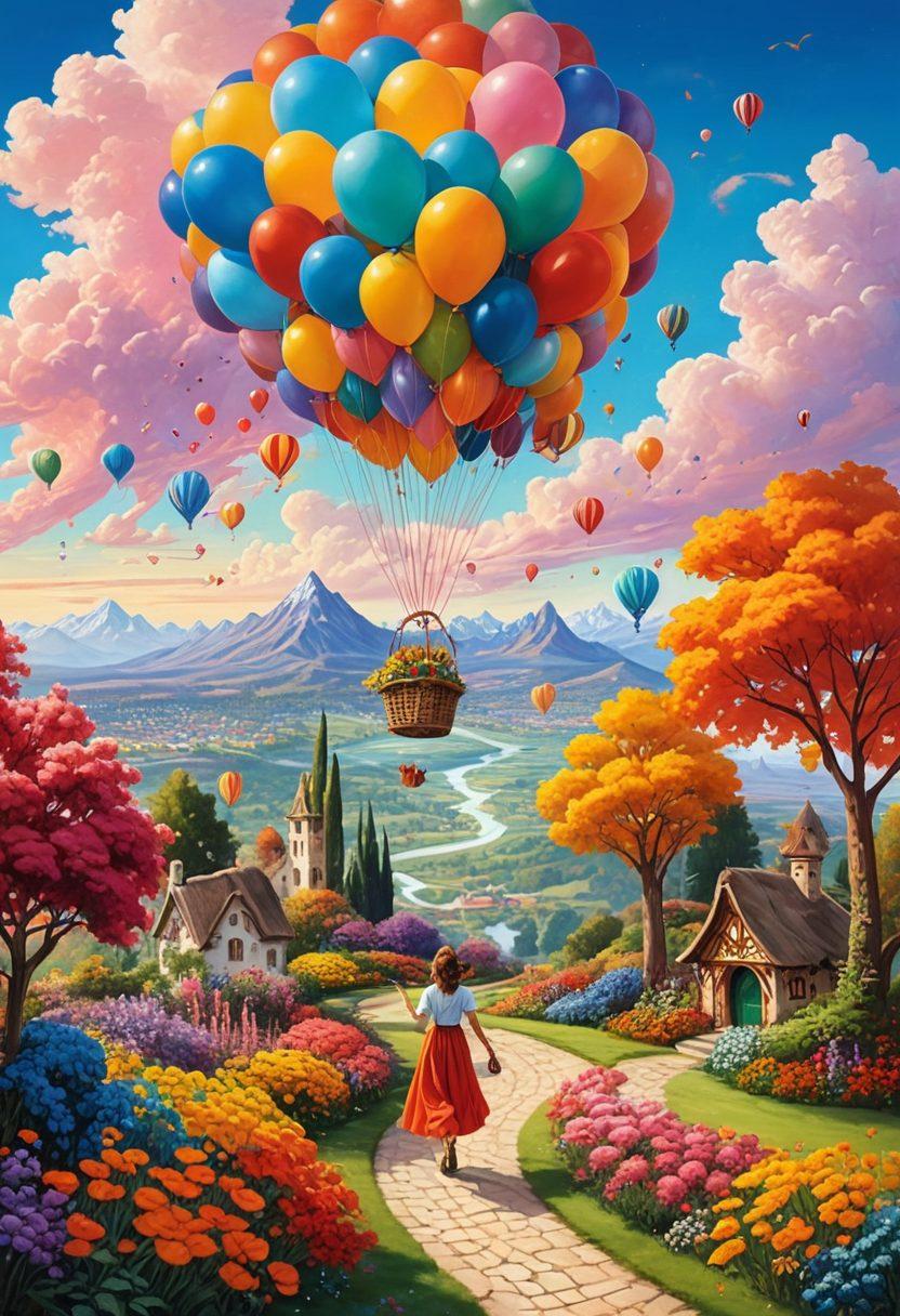 A vibrant and whimsical landscape filled with colorful, curved paths meandering through lush, fantastical gardens. Playful elements like oversized flowers, quirky animals, and floating balloons symbolize the joy of life's delightful moments. A sunlit sky with fluffy clouds adds to the sense of celebration and ecstasy. The people in the scene are laughing and dancing, embracing the journey with open arms. bright colors, fantasy art, cheerful atmosphere.