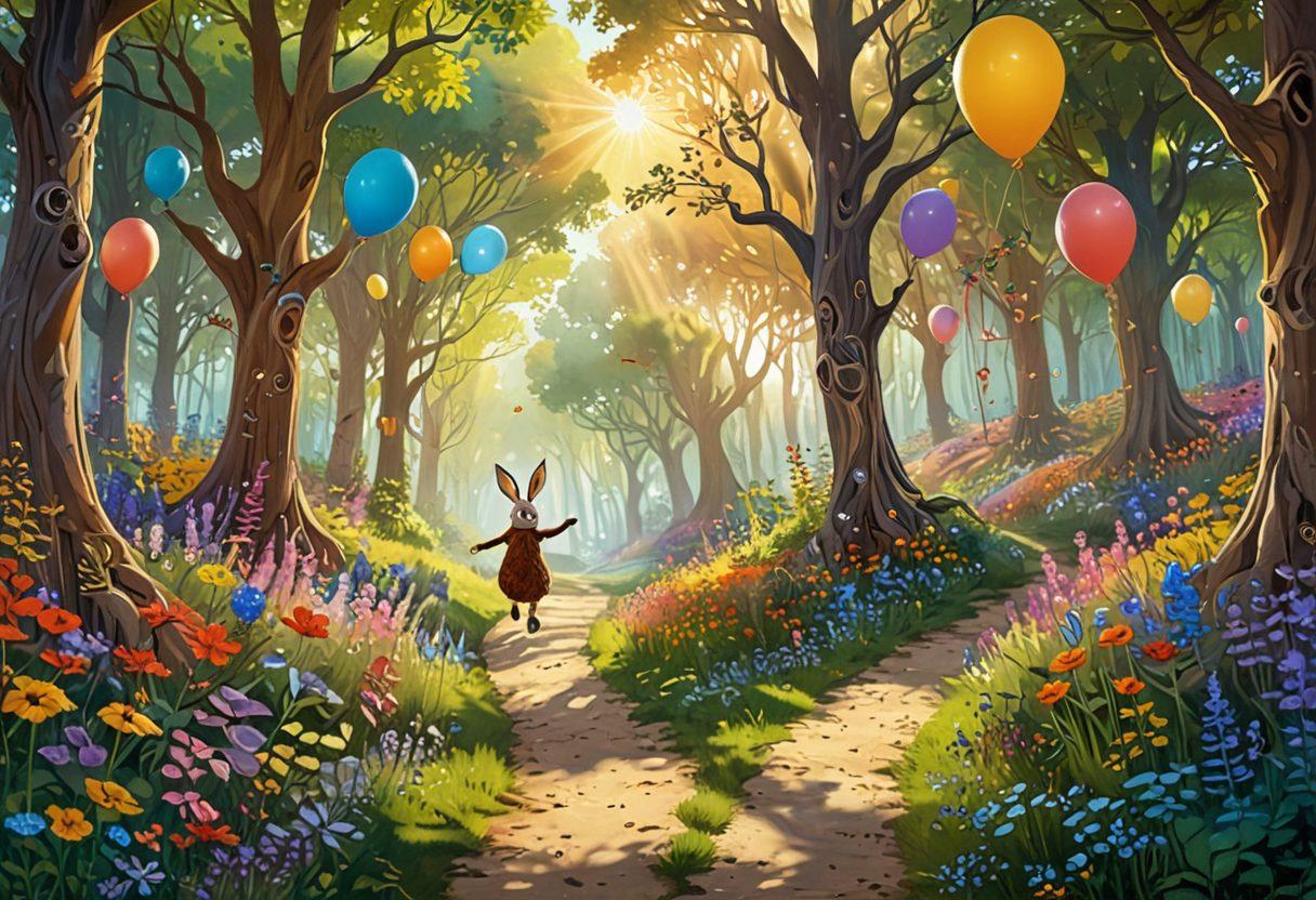 A whimsical forest scene with a sun-drenched path winding through vibrant wildflowers and quirky trees, where a small figure joyfully skips, surrounded by unexpected elements like floating balloons and playful animals. The light filters through the leaves, creating a magical atmosphere. fantasy art. vibrant colors. inspirational.