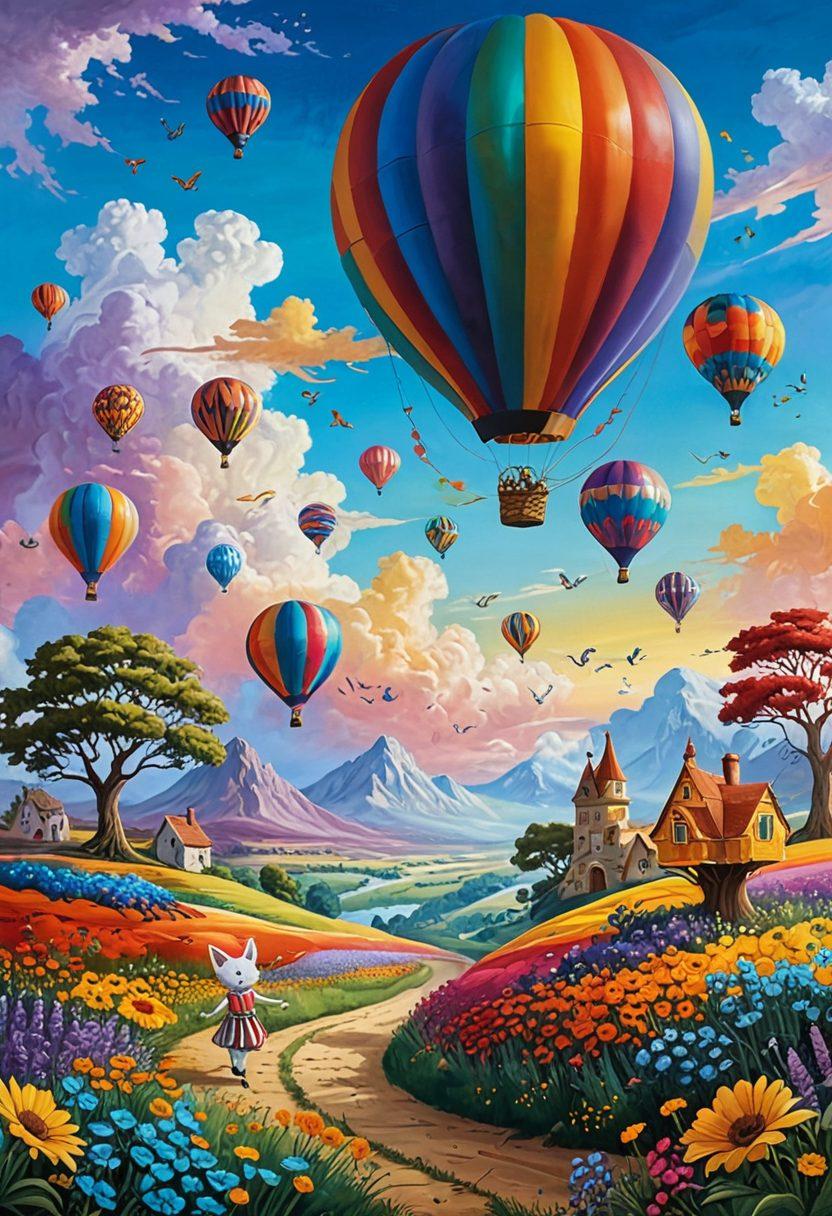 A whimsical scene featuring a colorful hot air balloon shaped like a smiling face soaring over a vibrant, surreal landscape filled with oversized flowers, playful animals, and quirky sculptures. Include joyful characters dressed in eccentric outfits, dancing and celebrating under a rainbow sky. This illustration should convey a sense of lightheartedness and unconventional joy. vibrant colors. painting. surrealism.